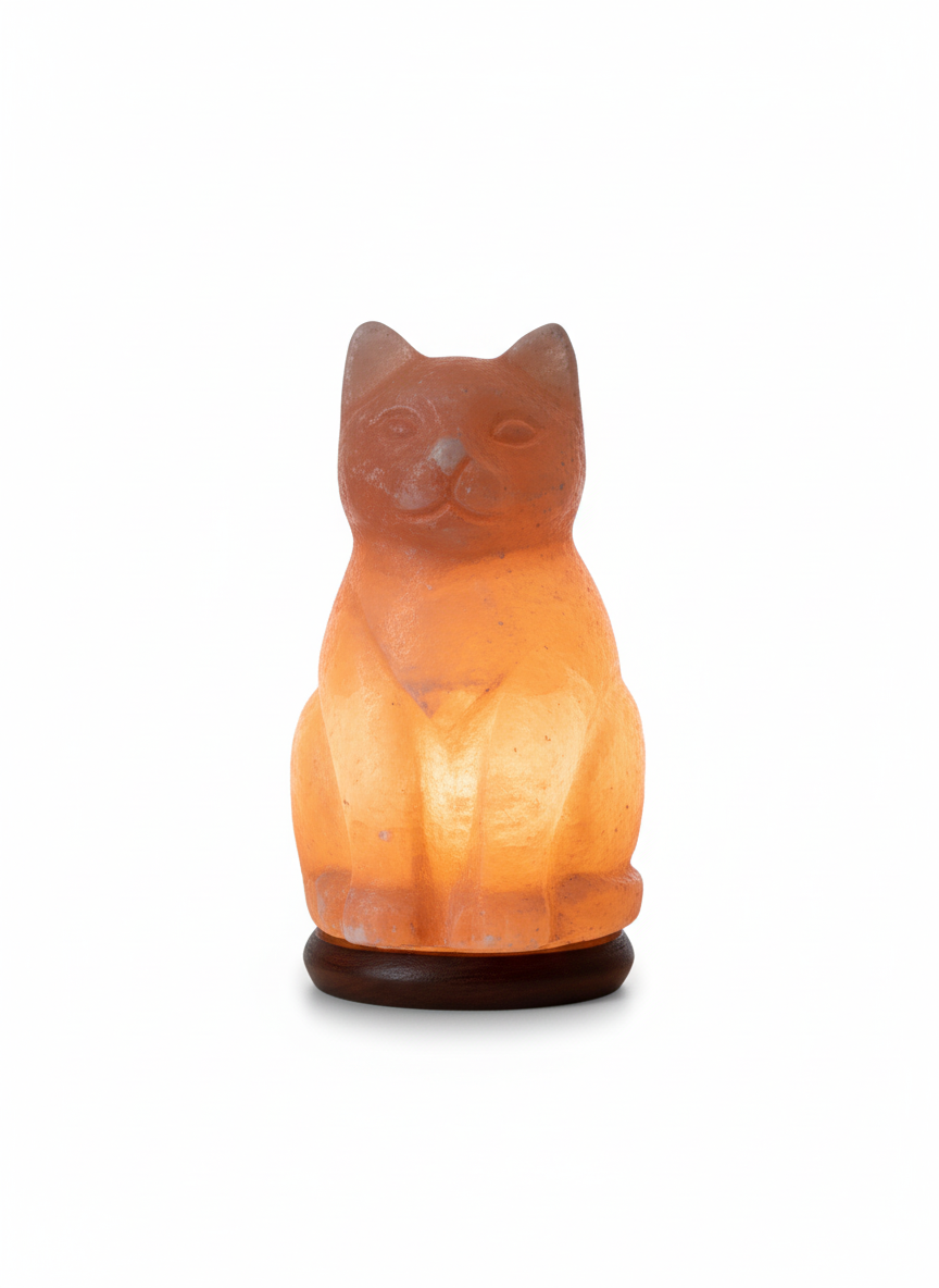 Whimsical Cat Salt Crystal Lamp | Hand-Carved Feline Decor