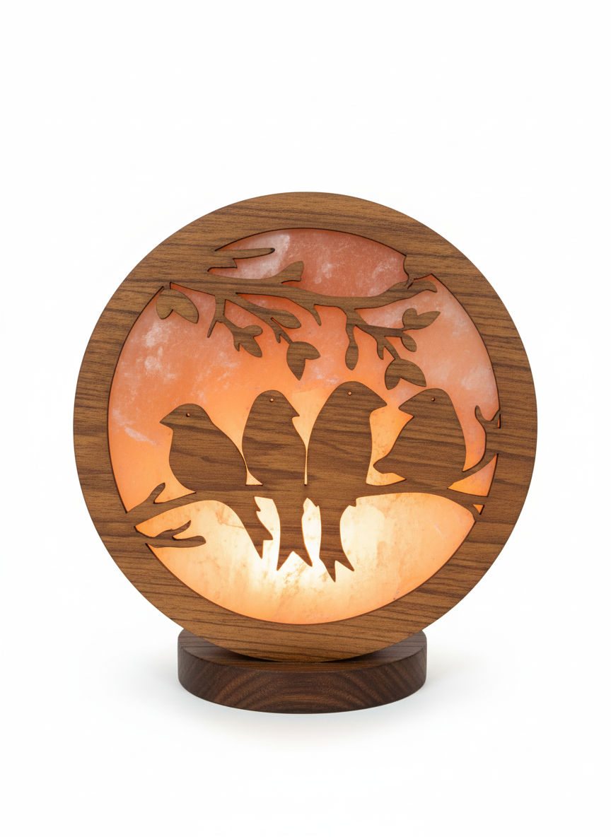 Wooden Framed Salt Lamp: Four Birds on a Branch Serenity Light